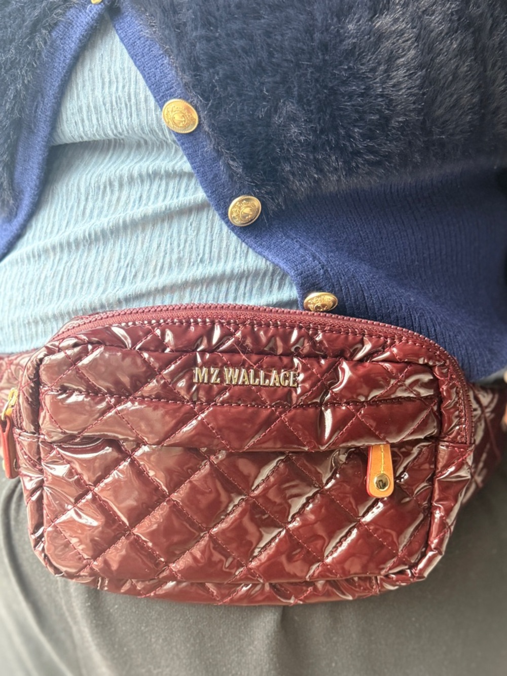 MZ Wallace Quilted Belt Bag Burgundy Patent Metro Waist Bag